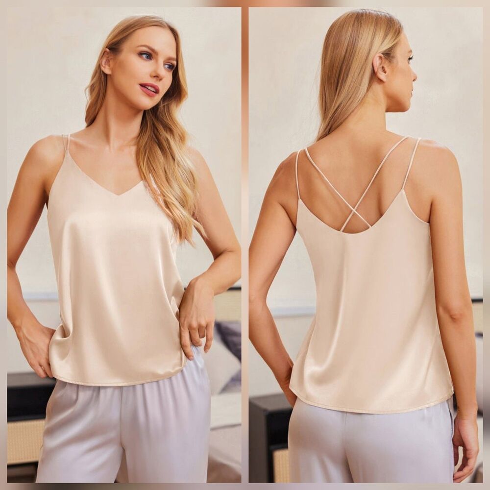 Ekouaer Cross-Back Silky Satin Camisole Tank Top Light Pink NWT Lightweight Sz L